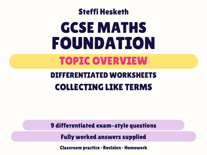 GCSE Foundation Collecting Like Terms | Topic Overview Differentiated Worksheet