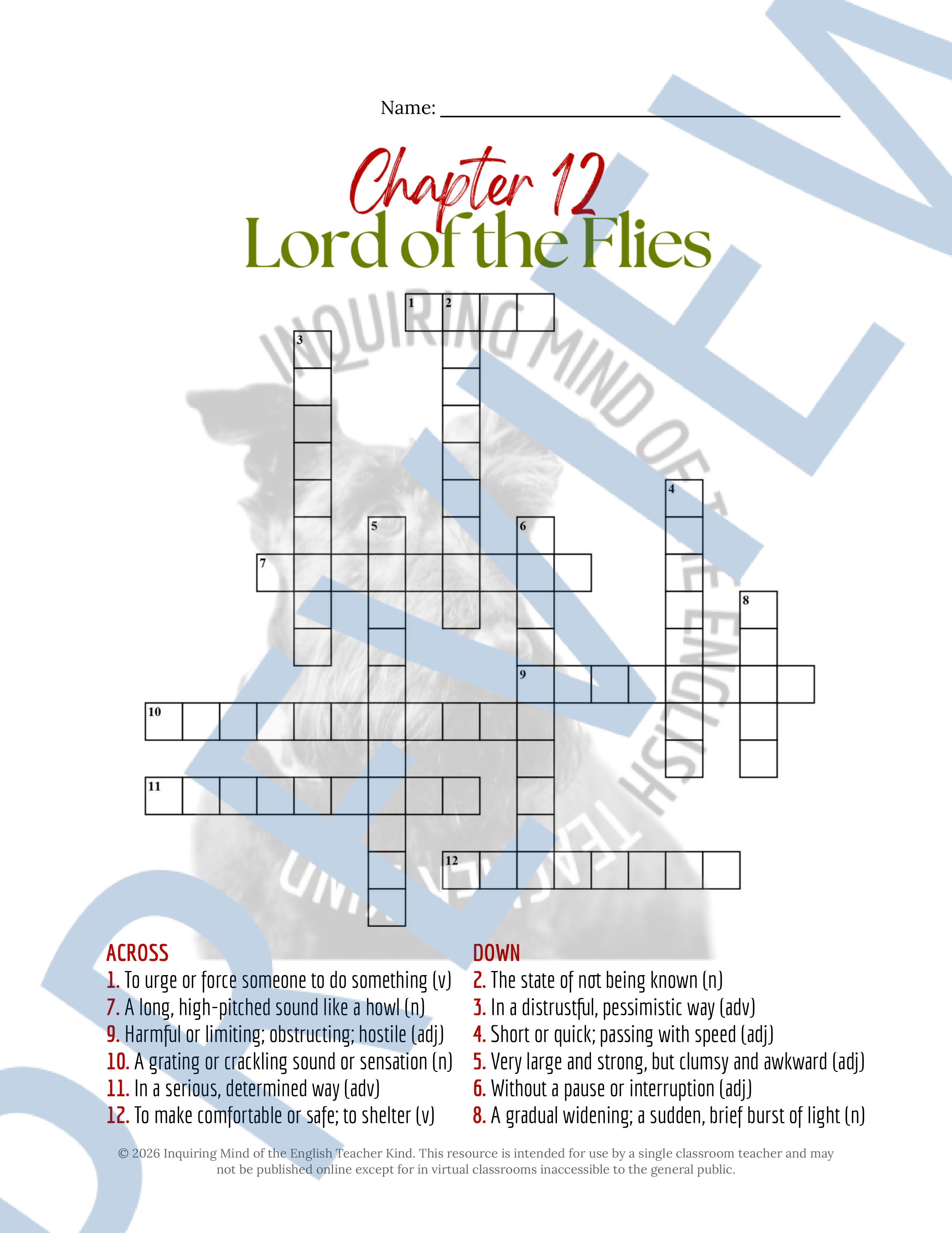 Lord of the Flies Chapter 12 Vocabulary Games | Crossword Puzzle | Word ...