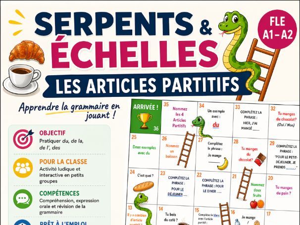 Les Articles Partitifs | Jeu FLE interactif (A1–A2) - Serpents et Échelles