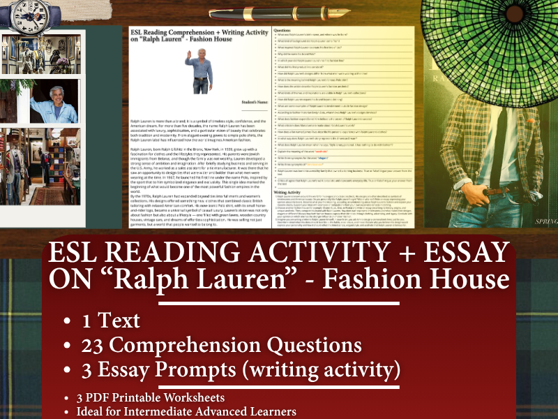 ESL Reading Comprehension + Writing Activity Worksheets - Ralph Lauren - American Fashion House