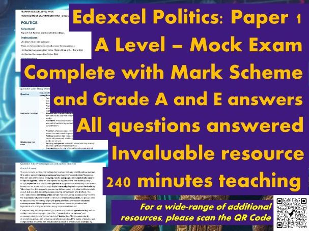 EDEXCEL PEARSON: A Level Politics - Paper 1 - Mock Exam Paper - Inc. Mark Scheme & Grade A answers