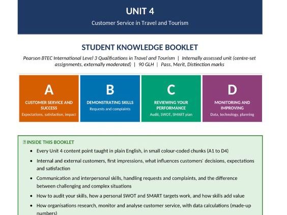 Pearson BTEC International Level 3 Travel and Tourism | Unit 4 Customer Service in Travel