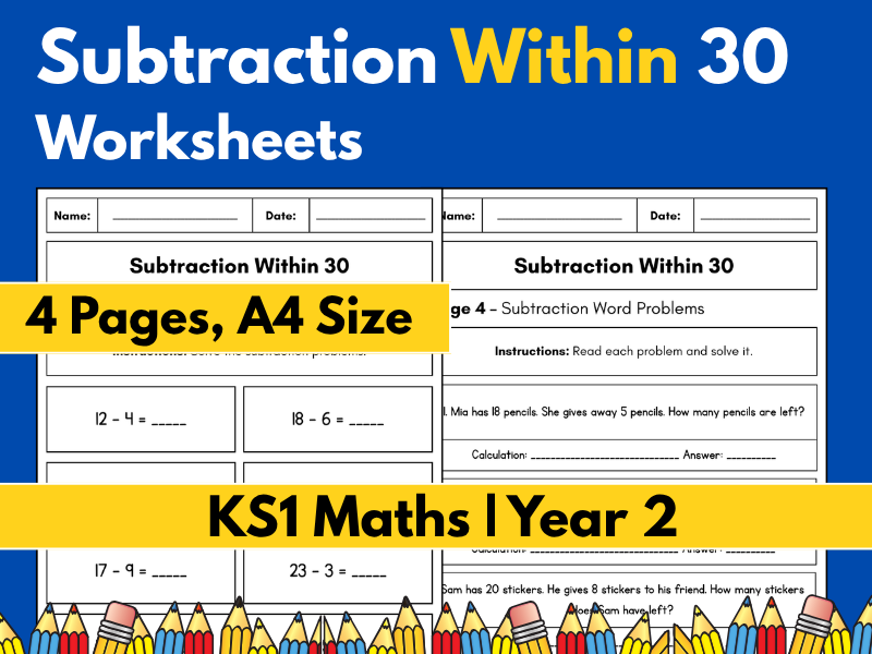 Subtraction Within 30 Worksheets | KS1 Maths | Year 2