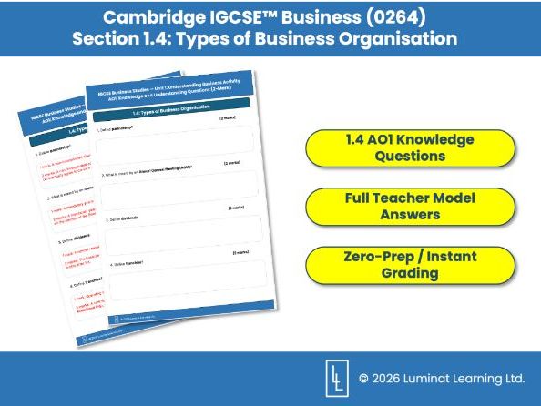 Cambridge IGCSE Business (0264): 1.4 Types of Business Organisation AO1 Knowledge Worksheet