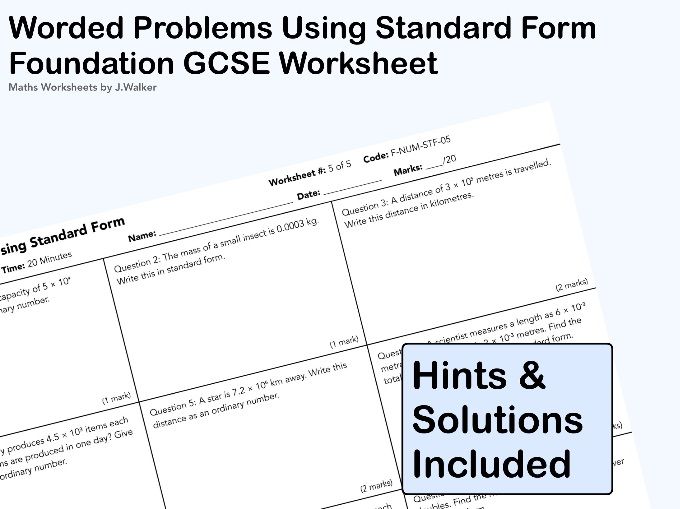 GCSE Maths Worksheet: Worded Problems Using Standard Form - Foundation Tier