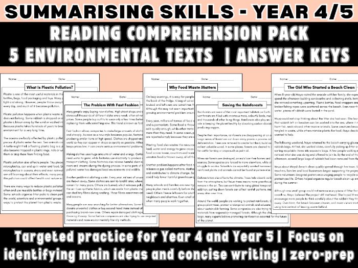 Year 4/5 Summarising Comprehension Worksheets - 5 Texts - Answer Keys Included