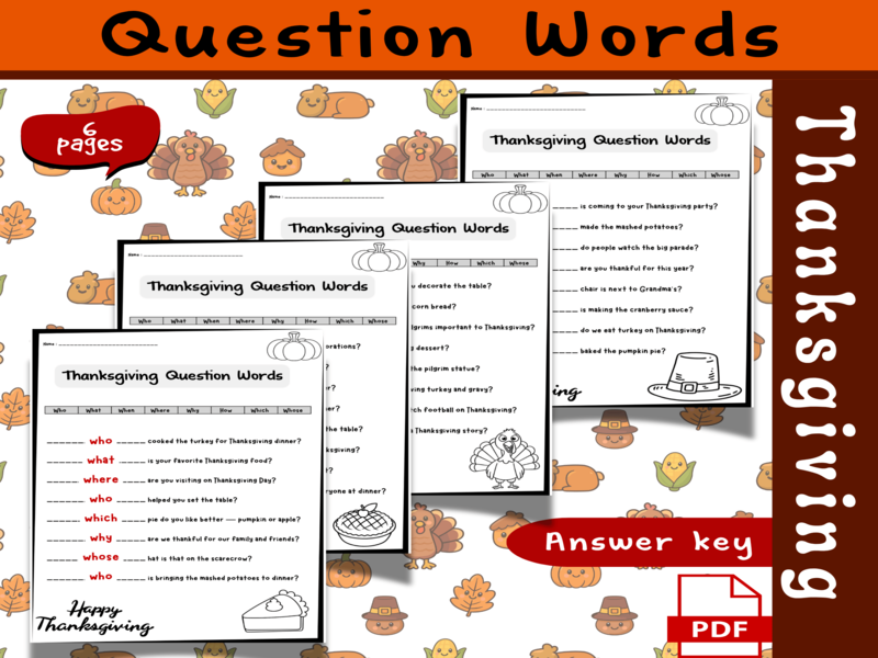 Thanksgiving Question Words Worksheets | Who, What, When .. Grammar Grade 2 ELA