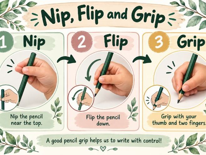 Nip, Flip and Grip Pencil Grip Prompt Poster