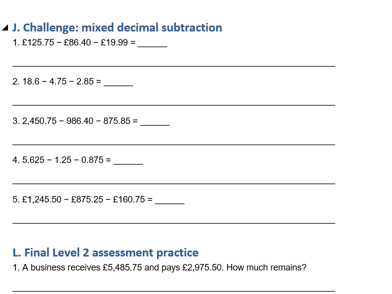 Functional skills level 2 Maths subtraction worksheet/booklet
