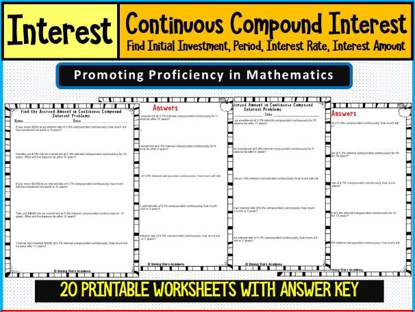 Contineous Compound interest related full range Problems worksheets Math