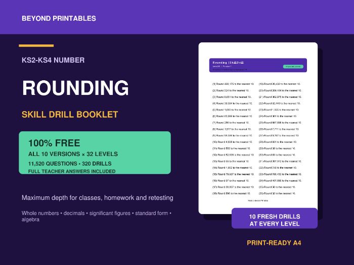 FREE Rounding Skill Drills | 10 Versions × 32 Levels | 11,520 Questions