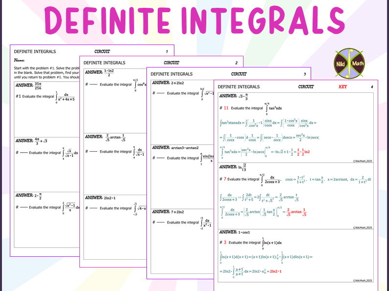 Calculus: Definite Integrals - Circuit Training (12 problems, typed solutions)