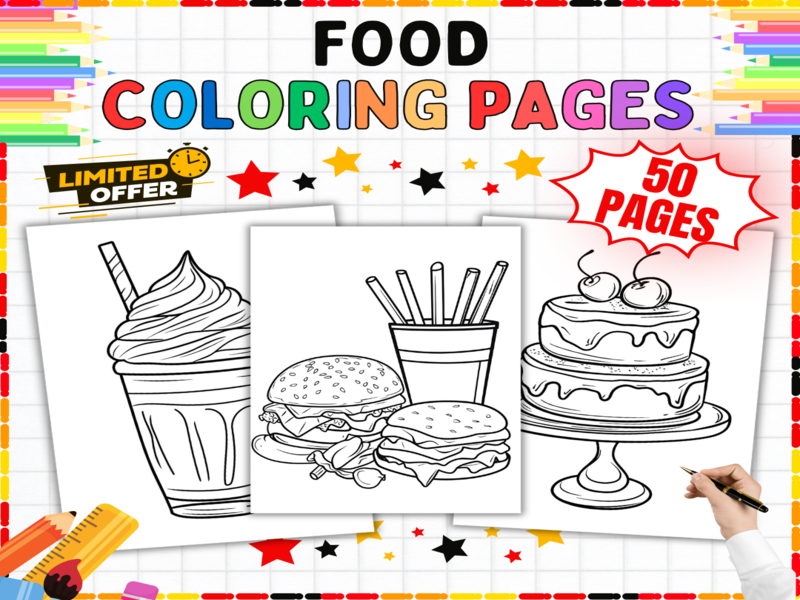 Food Colouring Pages | 50 Fun Printable Sheets for Kids | Fruits, Vegetables & Sweet Treats