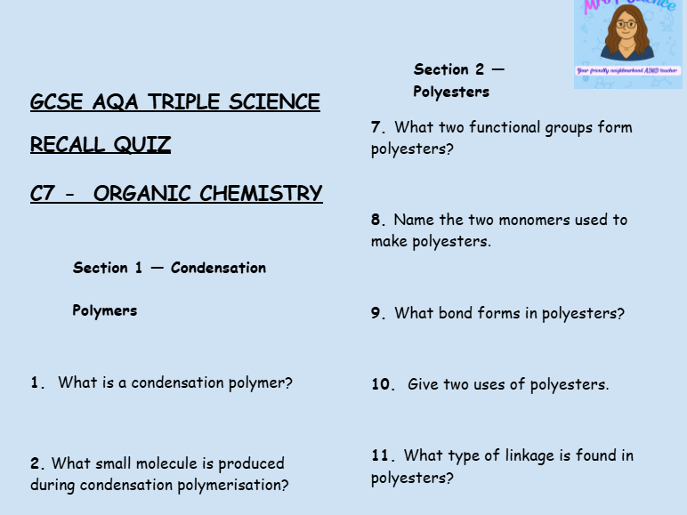 GCSE AQA Triple Chemistry – Organic Chemistry Retrieval Practice