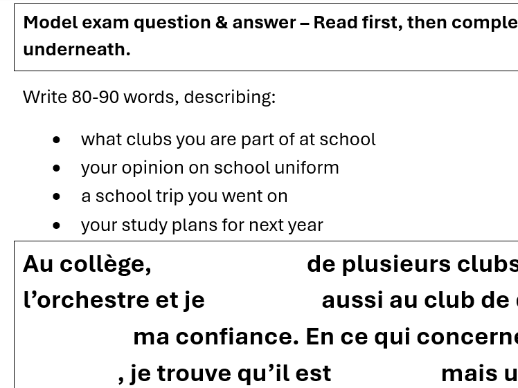 GCSE French 90-Word Answer Worksheet - School