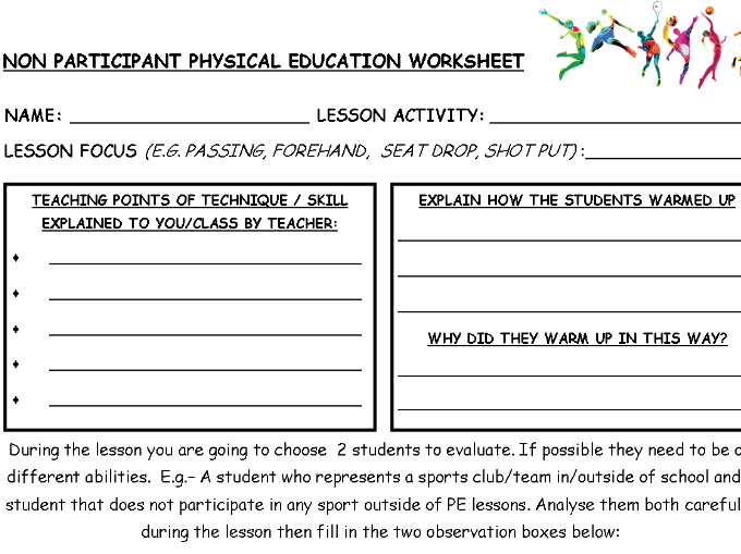 Physical Education non participant worksheet