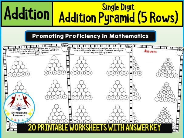 Single Digit Addition Pyramid (5 Rows) Worksheets – Beginner Level Math Problems