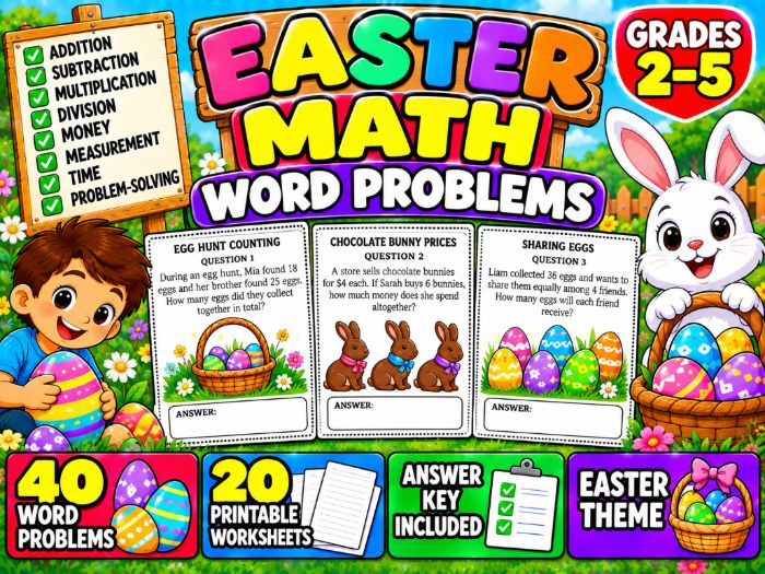 Easter Math Word Problems | 40 Worksheets with Answer Key