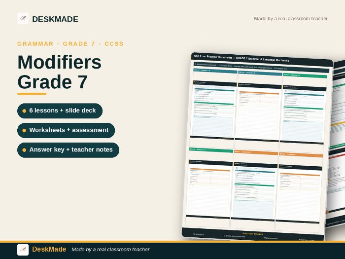 Grade 7 Modifiers Unit | Misplaced & Dangling Modifiers | 6 Lessons | CCSS
