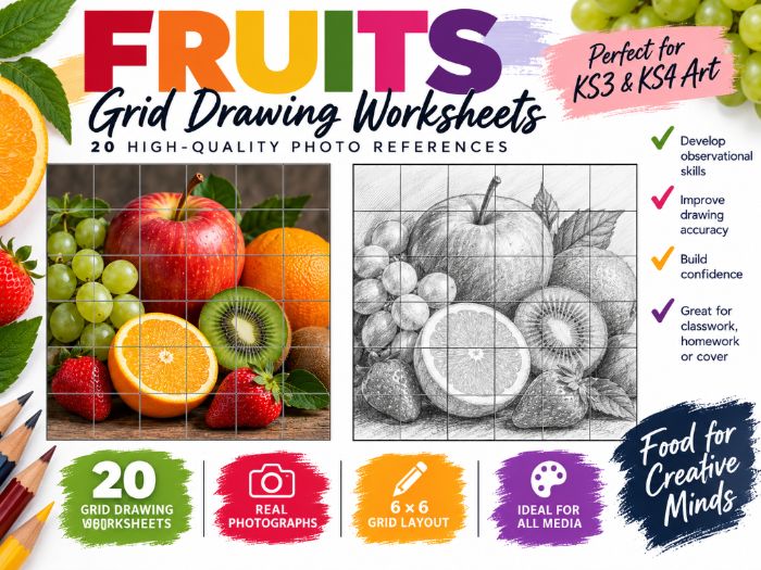 Fruit Grid Drawing Worksheets | 20 Real Photo Art Activities | 6x6 Grid Drawing | KS3 & KS4 Art