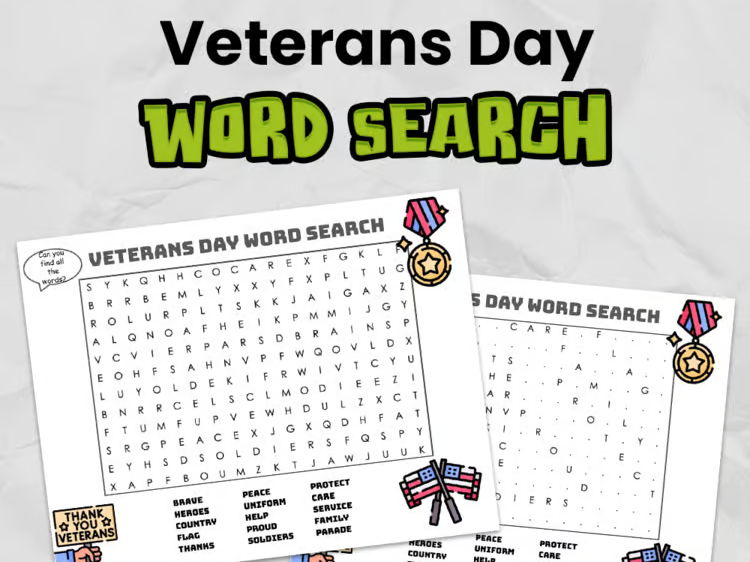 Veterans Day Word Search | Printable Veterans Activity Worksheet for Elementary