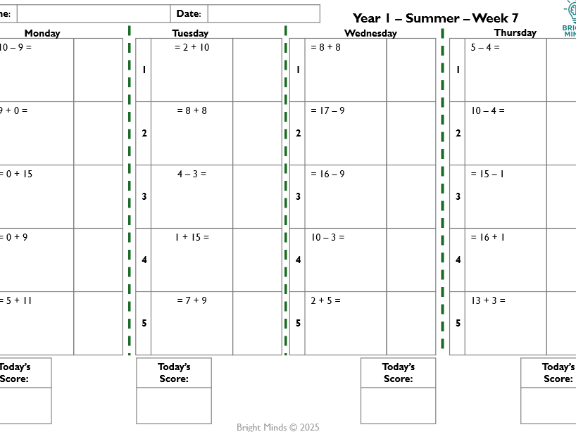 Fluency Fix - Year 1 Summer Term Daily Arithmetic Practice