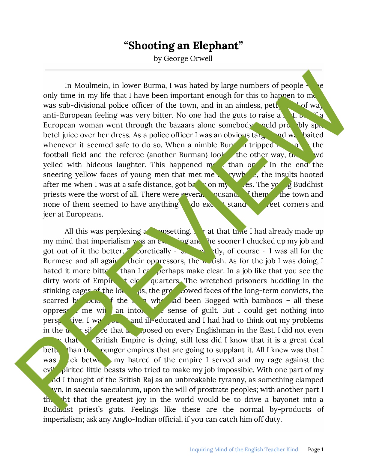 "Shooting an Elephant" Close Reading Worksheet Teaching Resources