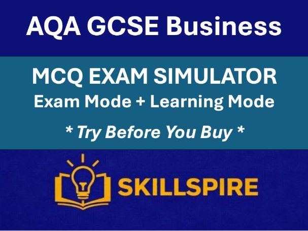 AQA GCSE Business | 100 MCQ Exam Simulator | Exam Mode + Learning Mode | Interactive HTML