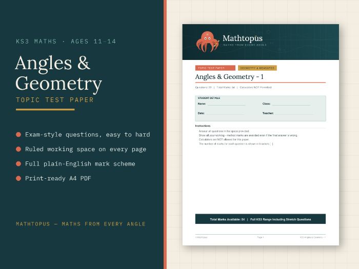 KS3 Angles and Geometry Test Paper with Mark Scheme (54 marks, ages 11-14)