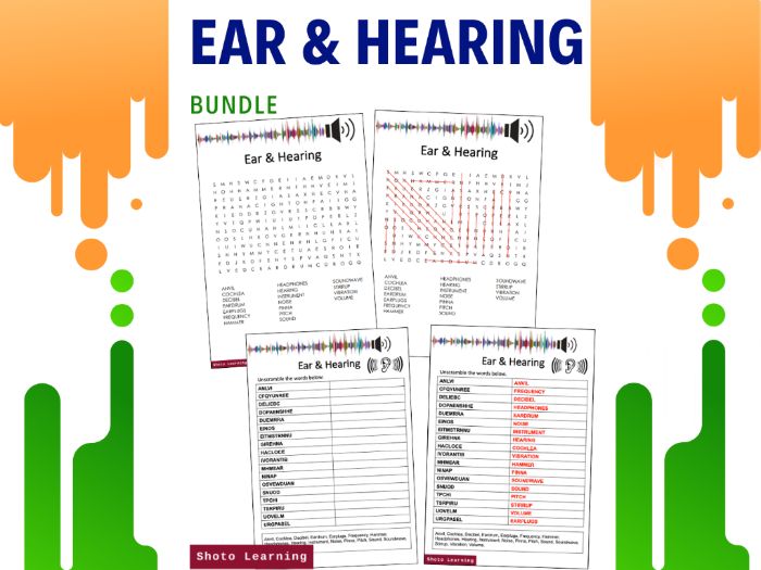 EAR AND HEARING SCIENCE ACTIVITY BUNDLE WORD FIND UNSCRAMBLE CROSSWORD VOCABULARY Teaching