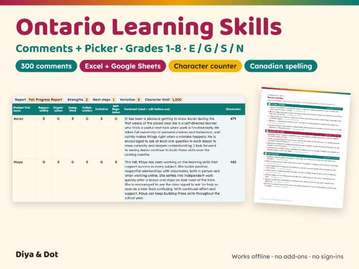 Ontario Learning Skills Comments Gr 1-8