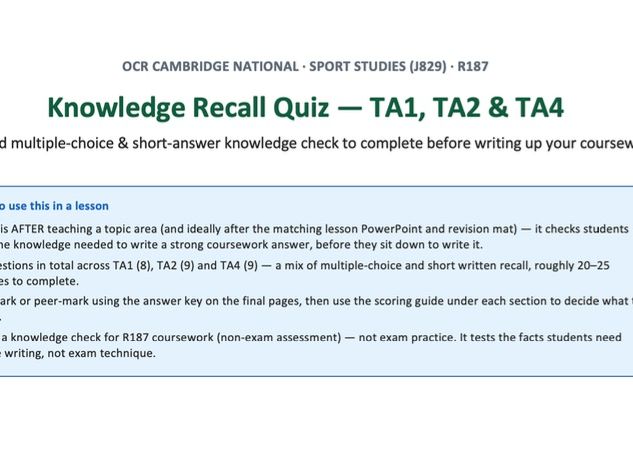 R187 Knowledge Recall Quiz — TA1, TA2 & TA4 | OCR Cambridge National Sport Studies (J829)
