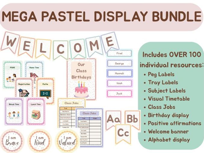 100+ MEGA BUNDLE Editable Pastel Classroom Display & Organisation