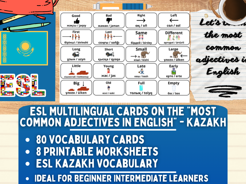 ESL Multilingual Vocabulary Flashcards - Most Common Adjectives - Kazakh