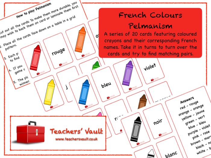 French Colours Pelmanism Game Teaching Resources