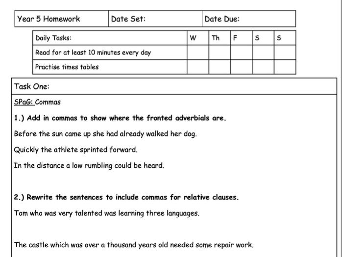 Autumn  homework (Year 5)