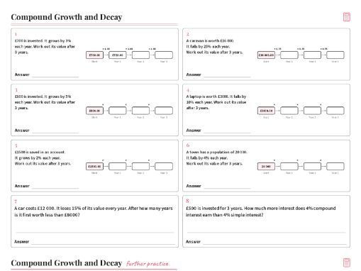 Compound Growth and Decay Worksheet GCSE