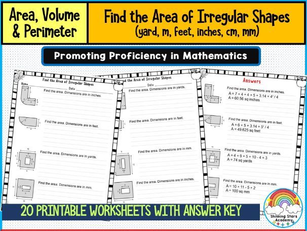 Find the Area of Irregular Shapes (Yards, Meters, Feet, Inches, cm & mm) – Worksheets & Practice Act