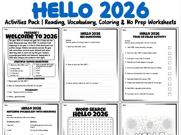Hello 2026 Activities Pack | Reading, Vocabulary, Coloring & No Prep Worksheets