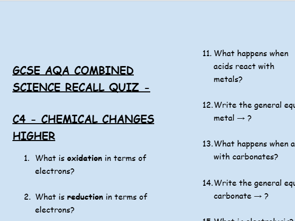 GCSE Chemistry C4 Chemical Changes – 30 Higher Retrieval Questions | AQA + Full Answers