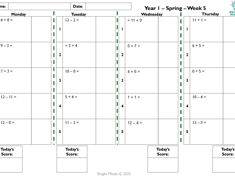 Fluency Fix - Year 1 Spring Term Daily Arithmetic Practice