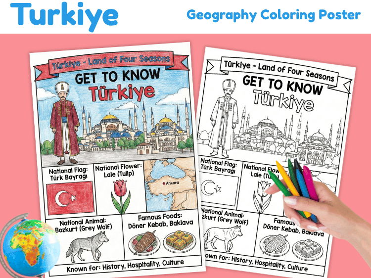 Türkiye Geography Coloring Poster | Country Facts & Culture