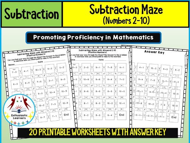 Subtraction Maze (2 to 10) games Worksheets Practice Activity