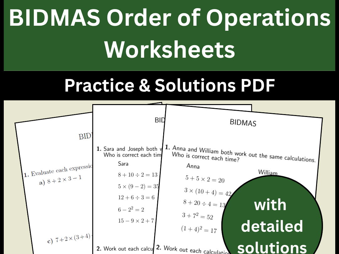 BIDMAS Order of Operations Worksheets Practice & Solutions PDF