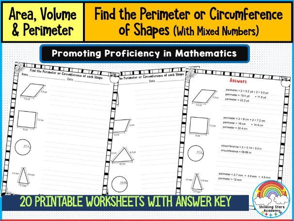 Find the Perimeter or Circumference of Each Given Shape with Mixed Numbers – Worksheets & Practice A