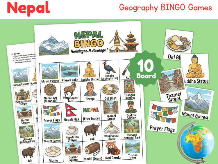 Nepal Geography Bingo Game | Country Study & Culture Activity
