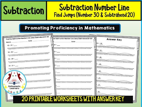 Find the Number Line Subtraction Jumps Worksheets (Numbers up to 30, Subtrahends less than 20) Activ