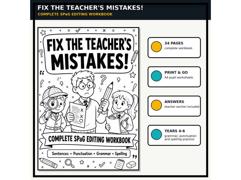 Fix the Teacher’s Mistakes! KS2 SPaG Editing Workbook | Grammar, Punctuation & Spelling