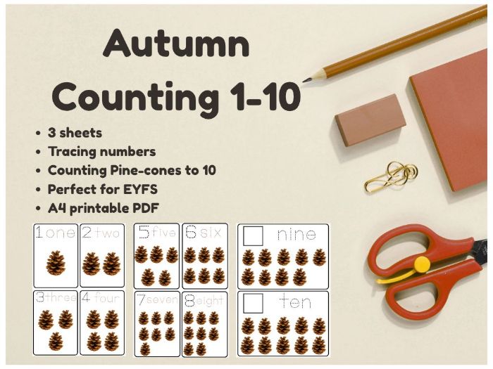 Pine Cone Counting Flashcards 1–10