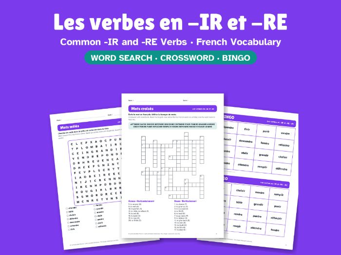 Common -IR and -RE Verbs in French: Word Search, Crossword & Bingo